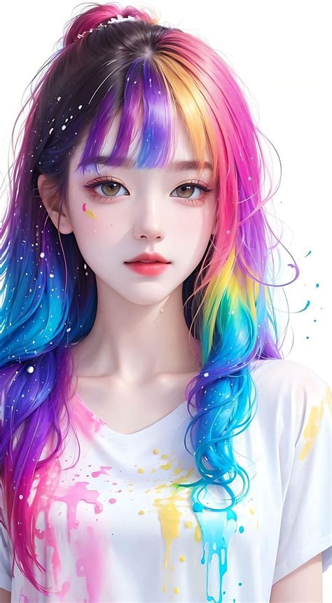 A Girl With Colorful Hair Wearing A T Shirt That Has Paint Splattered