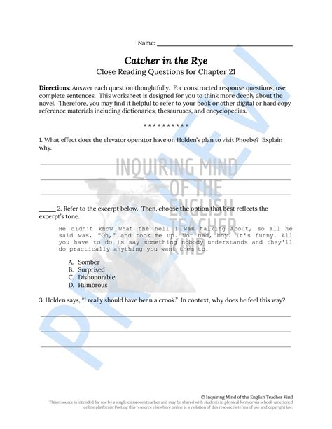 Catcher in the Rye Chapter 21 Close Reading Analysis Worksheet