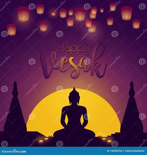 Vesak Day Card Vector Illustration With Lamps And Buddhas Silhouette