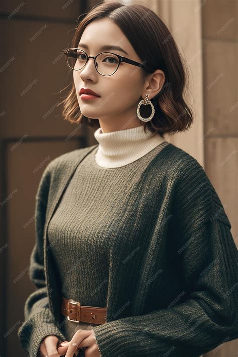 Premium Ai Image A Woman Wearing Glasses And A Sweater Stands In Front Of A Wall