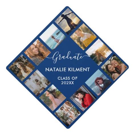 Black And Navy Blue Graduate Photo Collage Name Graduation Cap Topper