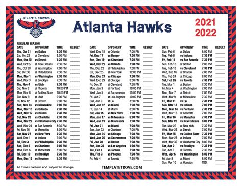 Printable 2021-2022 Atlanta Hawks Schedule