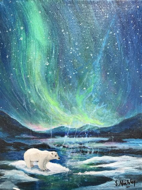 Polar Bear And The Northern Lights Aurora Borealis Original Painting