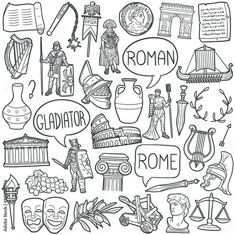 Rome Doodle Icon Set Roman Vector Illustration Collection Ancient