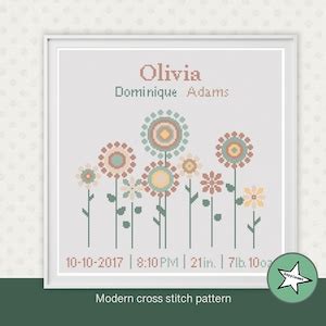 Cross Stitch Baby Birth Sampler Birth Announcement Flowers Neutrals