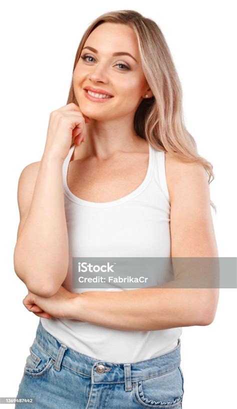 Portrait Of Young Beautiful Girl Smiling Looking At Camera Over White