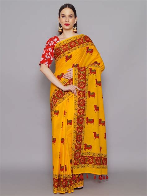 Buy Yellow Hand Block Printed Cotton Mulmul Saree Pal Sar Mul