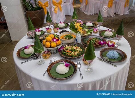 Tradition Northern Thai Food On A Wooden Table Set Of Thai Food