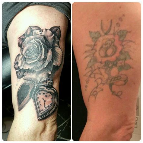 Rose and pocket watch cover up tattoo | Cover up tattoo, Up tattoos