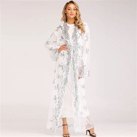 White Abaya Kimono Dubai Mesh Cardigan Muslim Hijab Dress Abayas For