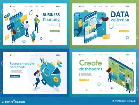 Set Of Isometric Conceptsbusiness Planning Data Collection Create Dashboard Stock Vector