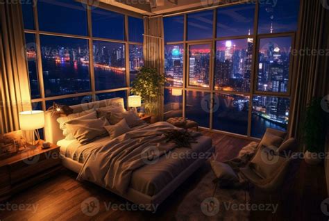 apartment bedroom with beautiful city night view from the window