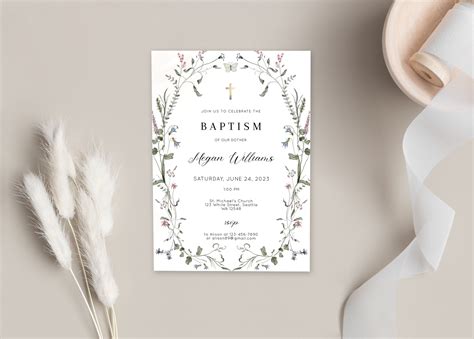 Editable Baptism Invitation Wildflower Boho Christening Invitation Template Rustic Printable