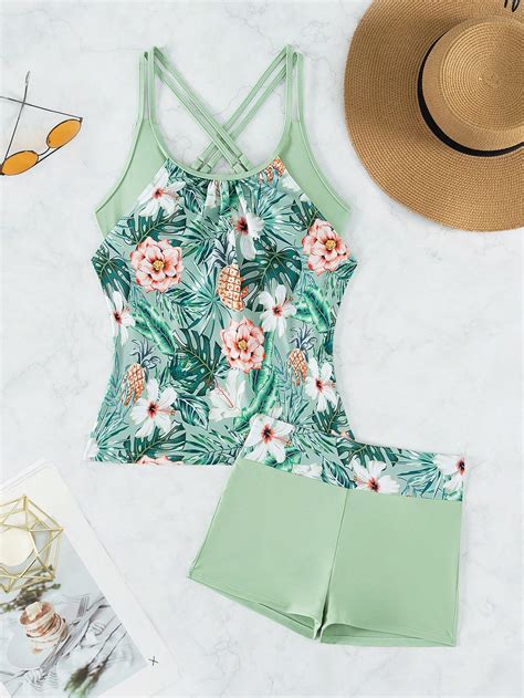 Tropical Print Shorts Bikini Swimsuit Shein Uk