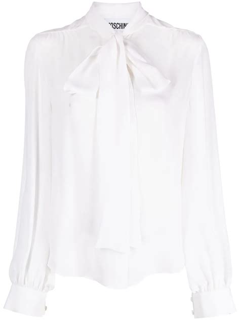 Moschino Silk Pussy Bow Blouse In White Modesens