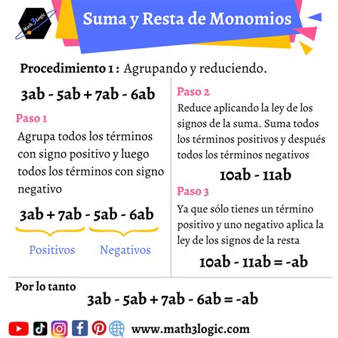 Suma Y Resta De Monomios Reducir Términos Semejantes De Forma