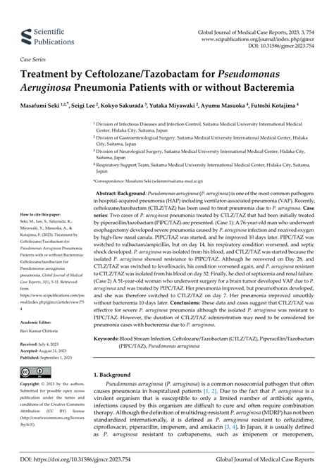 PDF Treatment By Ceftolozane Tazobactam For Pseudomonas Aeruginosa