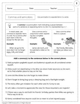 Commas and Semicolons Worksheets by Homework Hut | TPT