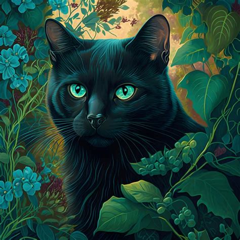 Una Pintura De Un Gato Negro Con Ojos Azules Y Hojas Verdes En Primer