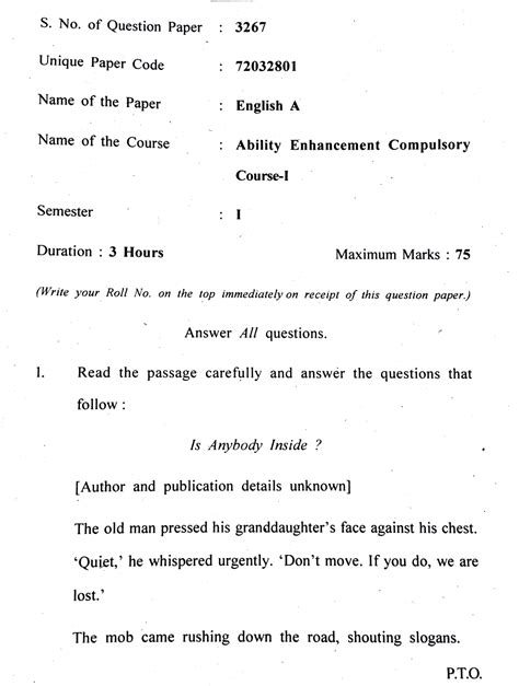 AECC Question Paper 1 Sem S No Of Question Paper Unique Paper Code