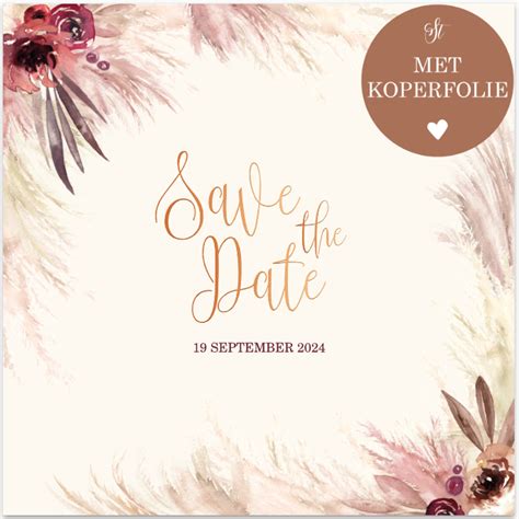 Save The Date Kaart Met Droogbloemen En Koperfolie Trouwkaart