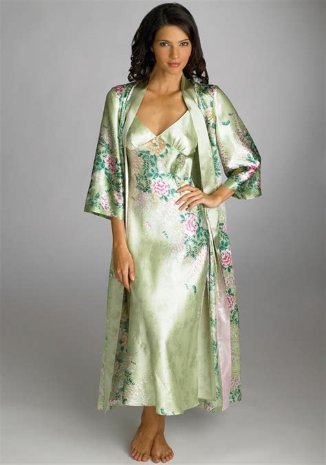 Light Green Floral Satin Nightgown And Light Green Satin Robe Womens