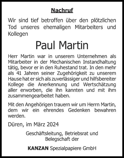 Traueranzeigen Von Paul Martin Aachen Gedenkt