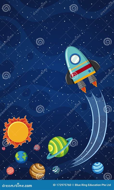 Background Theme of Space with Rocketship Flying at Night Stock Vector ...