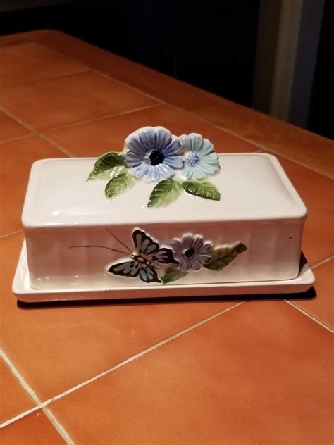 Vintage 60s Ceramic Butter Dish With Blue Flowers And Butterfly