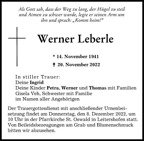 Traueranzeigen Von Werner Leberle Augsburger Allgemeine Zeitung