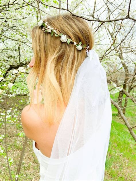 White Flower Crown Bachelorette Veil Hen Party Boho Bride Etsy