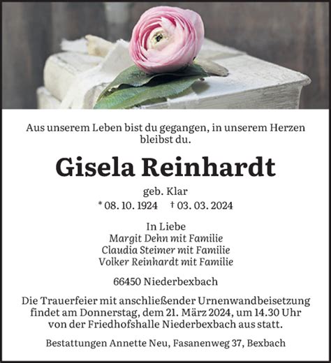 Traueranzeigen Von Gisela Reinhardt Saarbruecker Zeitung Trauer De