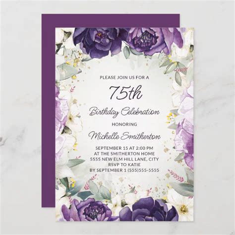 Elegant Purple White Floral Glitter 75th Birthday Invitation Zazzle