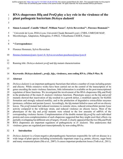 Pdf Rna Chaperones Hfq And Proq Play A Key Role In The Virulence Of The Plant Pathogenic