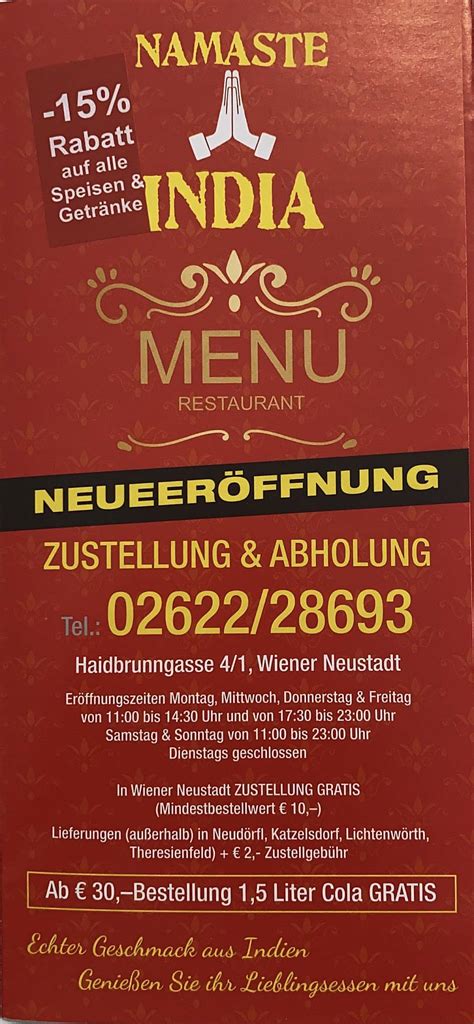 Speisekarte Von Namaste India Restaurant Wiener Neustadt