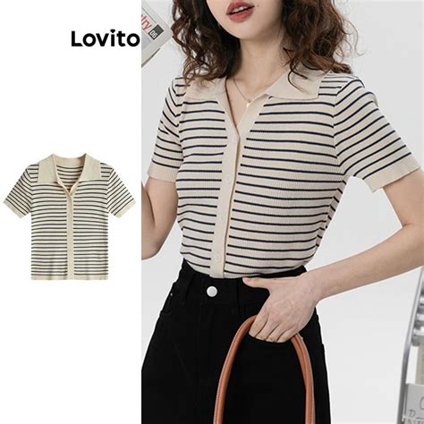 Lovito Women Casual Striped Side Stripe Knit Top Lna Shopee