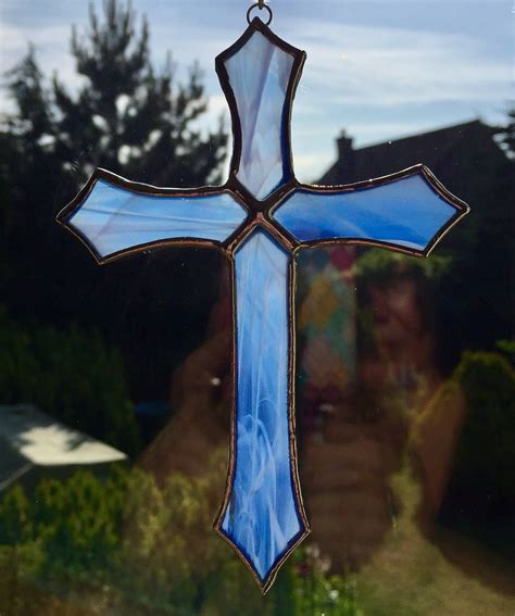 Sky Blue Stained Glass Cross Suncatcher Wall Window Garden Decor T