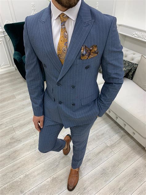 Buy Blue Slim Fit Double Breasted Pinstripe Suit By