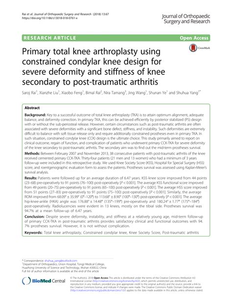 Pdf Primary Total Knee Arthroplasty Using Constrained Condylar Knee