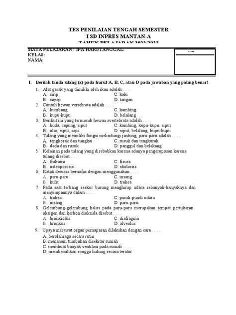 Soal Pts Ipa Kelas 5 Semester 1 Tahun 2022 Pdf