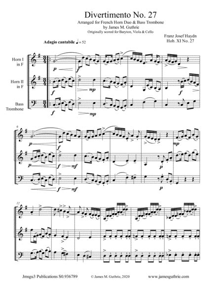 Haydn Divertimento No 27 Trio For 2 Horns Bass Trombone Arr James