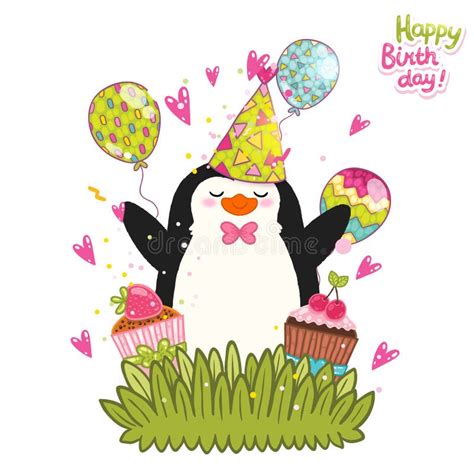 Fondo De La Tarjeta Del Feliz Cumpleaños Con El Pingüino Lindo