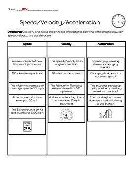 Speed Velocity And Acceleration Cut Paste Sorting Activity Tpt