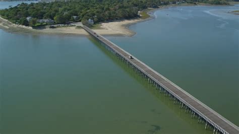 6k Stock Footage Aerial Video Orbiting Powder Point Bridge Light