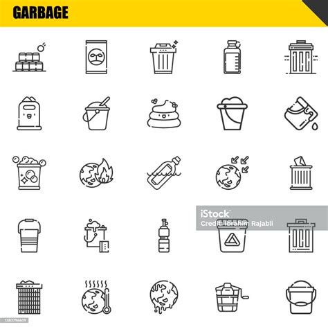 Jeu Dicônes De Ligne Vectorielle Garbage Bouteilles Corbeille Et Seau