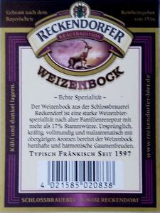 Drink Label Reckendorfer Weizenbock Schlossbrauerei Reckendorf Georg