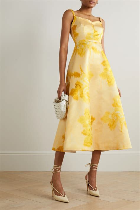 Emilia Wickstead Elvita Floral Print Duchesse Satin Midi Dress Yellow