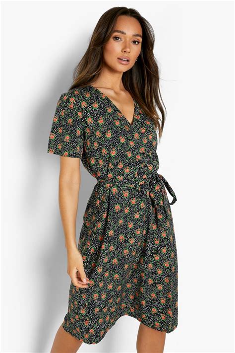 Floral Print Belted Midi Wrap Tea Dress Boohoo Uk