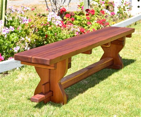 Redwood Trestle Bench Custom Outdoor Wooden Bench