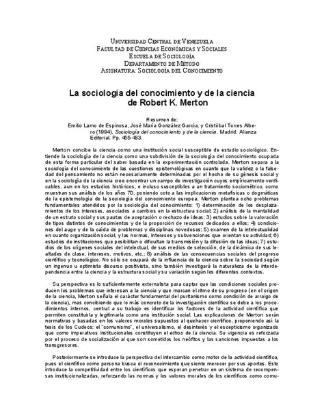 Pdf Resumen Sociología Del Conocimiento Robert K Merton Daniel A